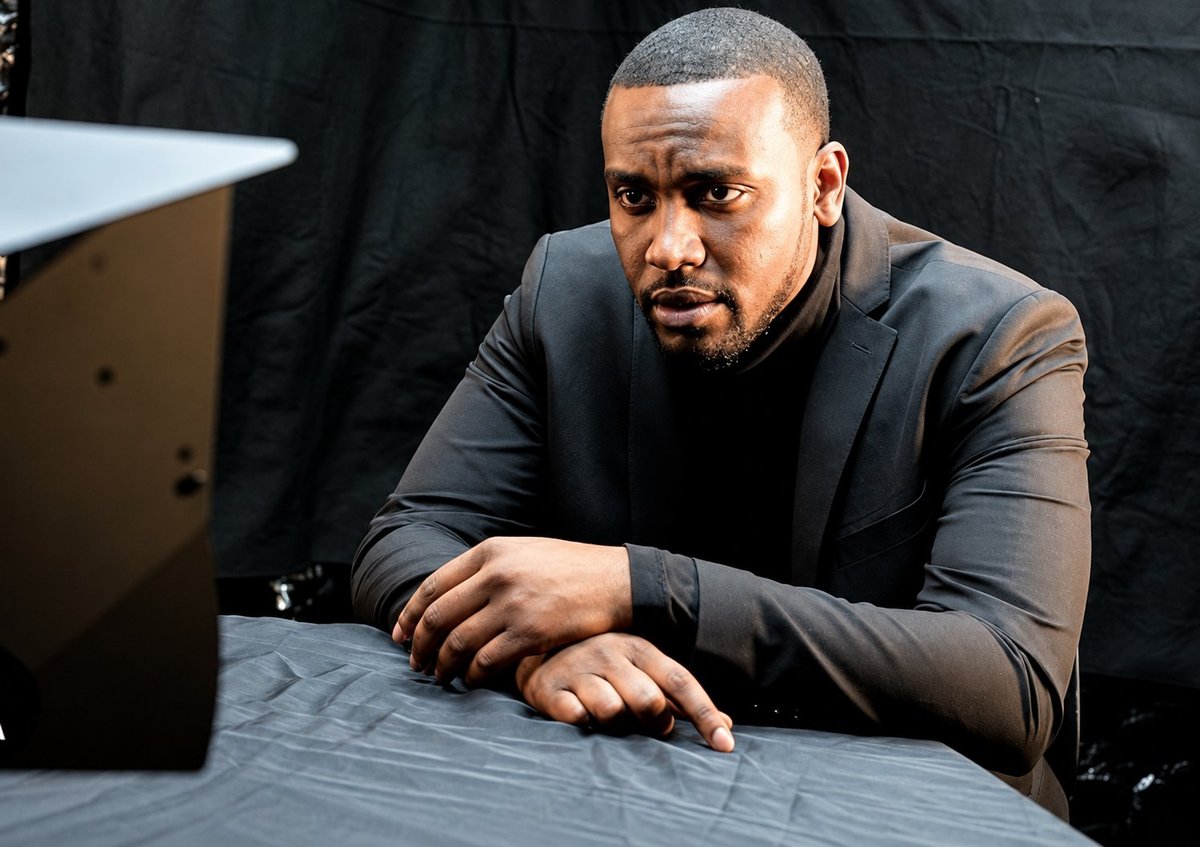 Trey Carswell, founder and CEO of Moon'k Films Devoted, in a black blazer leaning on a table during a signing or interview event