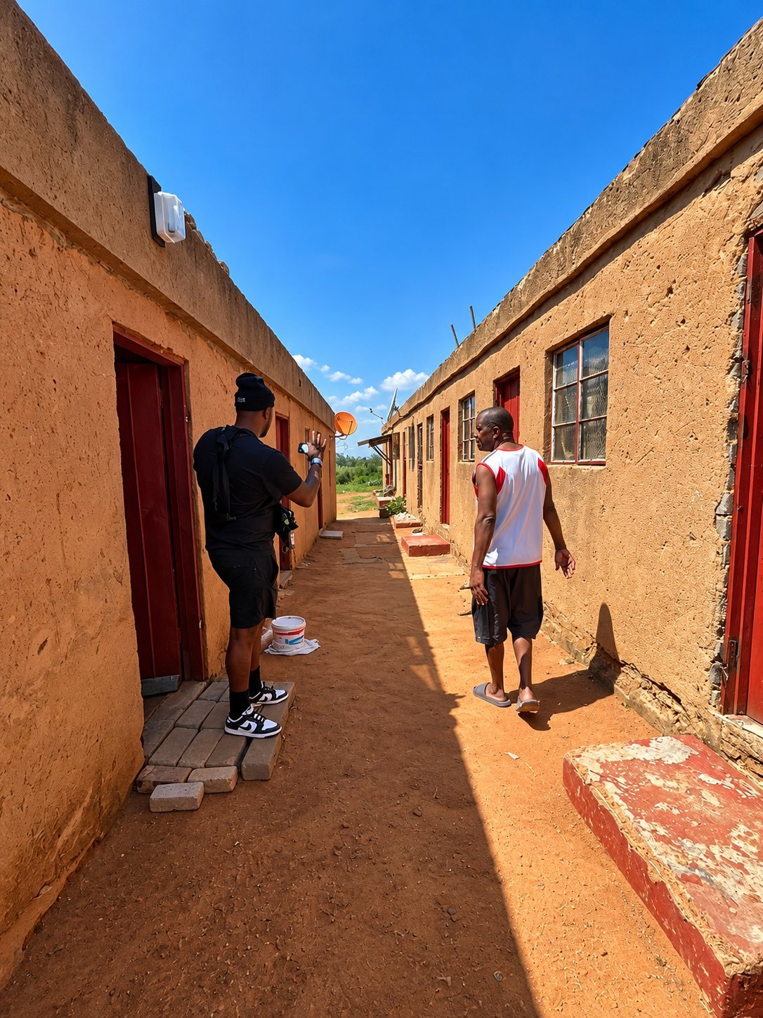 Two people walking down a narrow corridor of terracotta brick buildings with red doors under a clear blue sky
