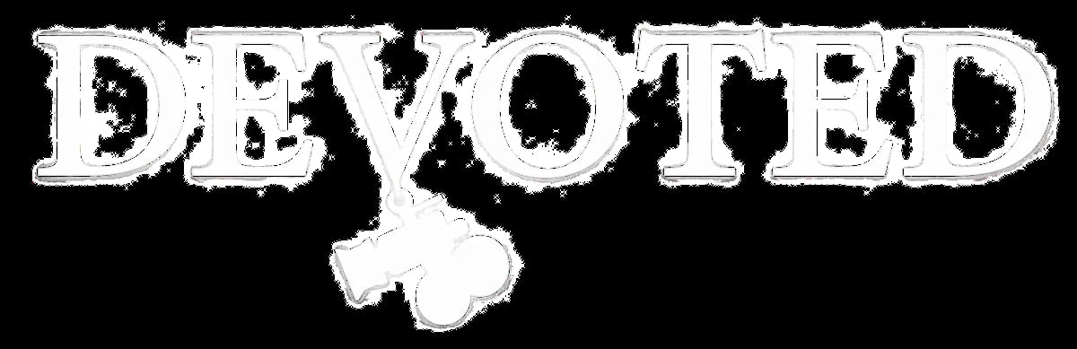 White distressed text reading DEVOTED with hands clasped below on black background
