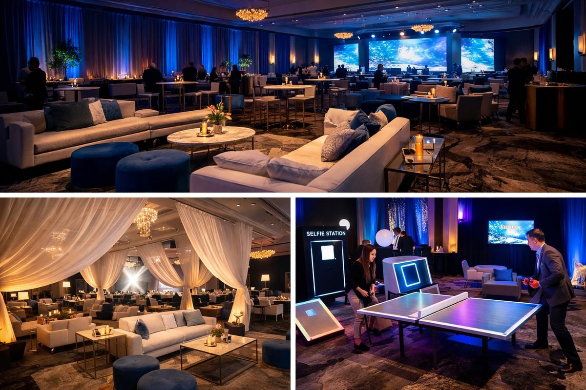 Luxury lounge interior with blue ambient lighting, comfortable seating, interactive displays, and high-end entertainment setup