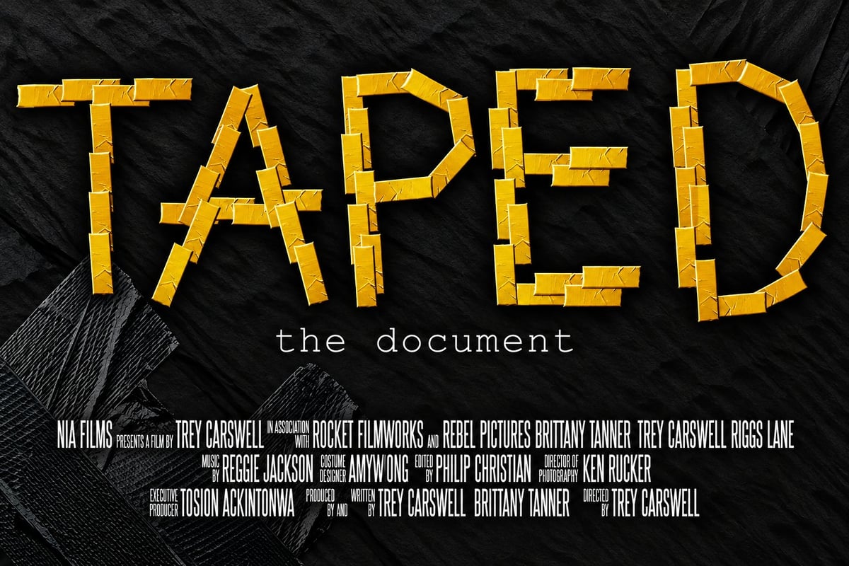 Movie poster for Taped: the document with yellow bold text on dark textured background and cast credits below