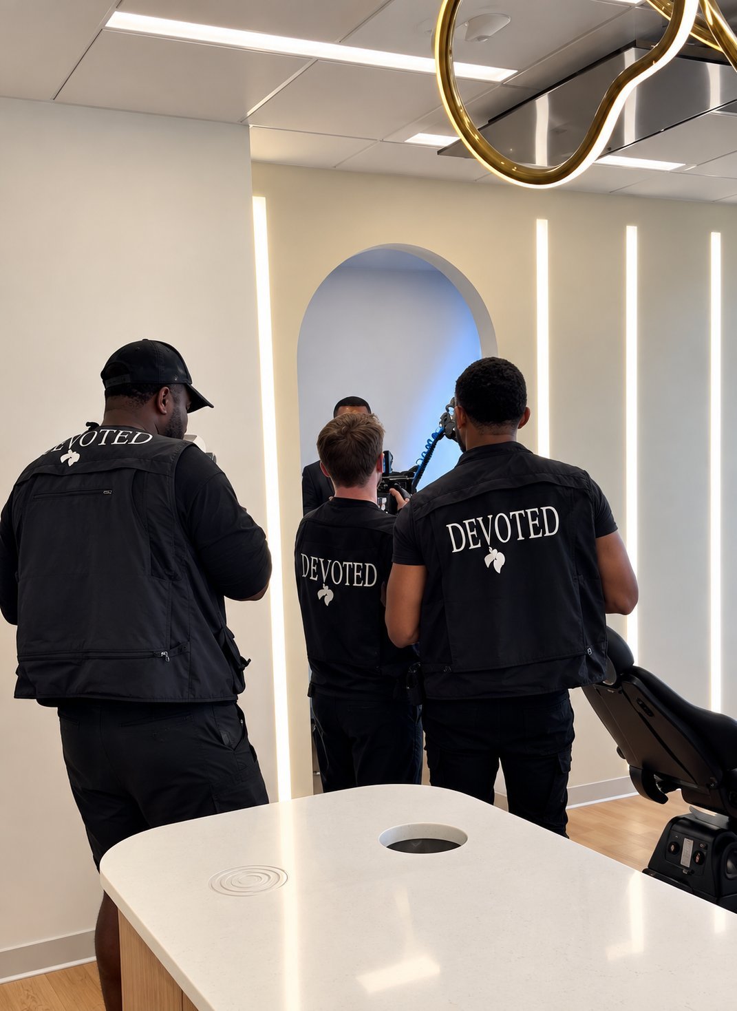 Three people wearing black Devoted branded clothing stand in a modern retail space with white walls, illuminated niches, and a gold circular fixture overhead