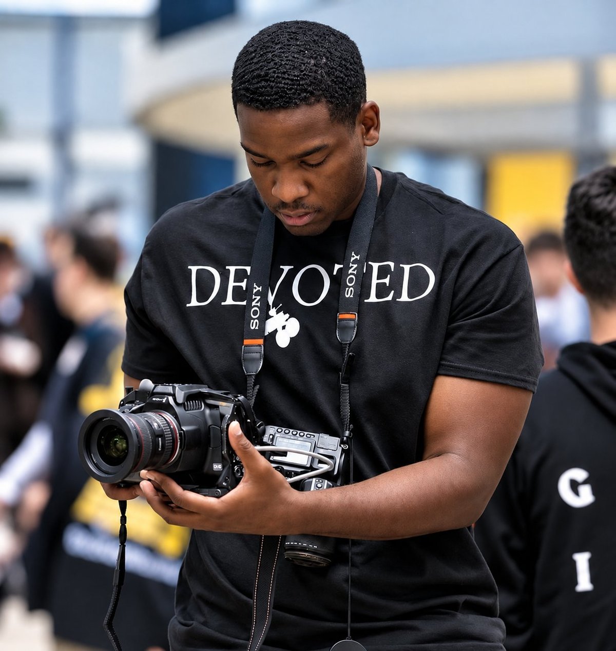 Young man in a black DEVOTED shirt holding a professional camera at an outdoor event with a blurred crowd