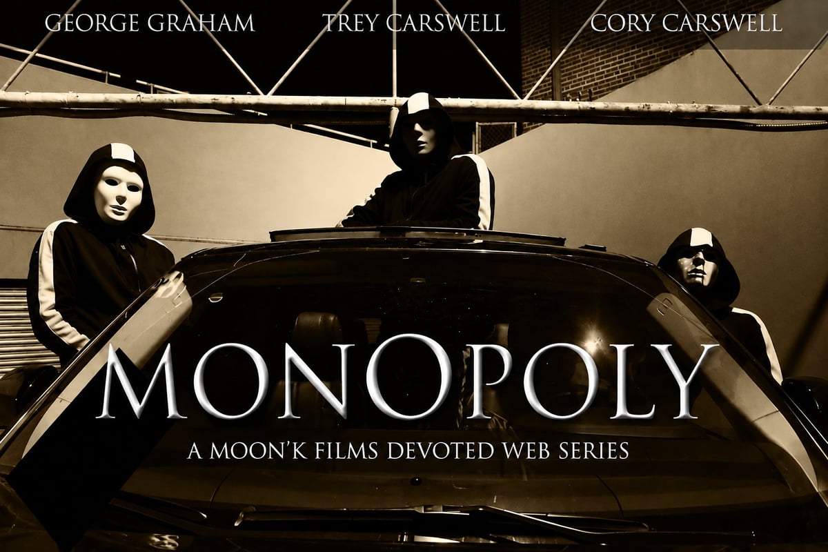 Monopoly web series promotional poster featuring three cast members posed in a car with dramatic black and white styling