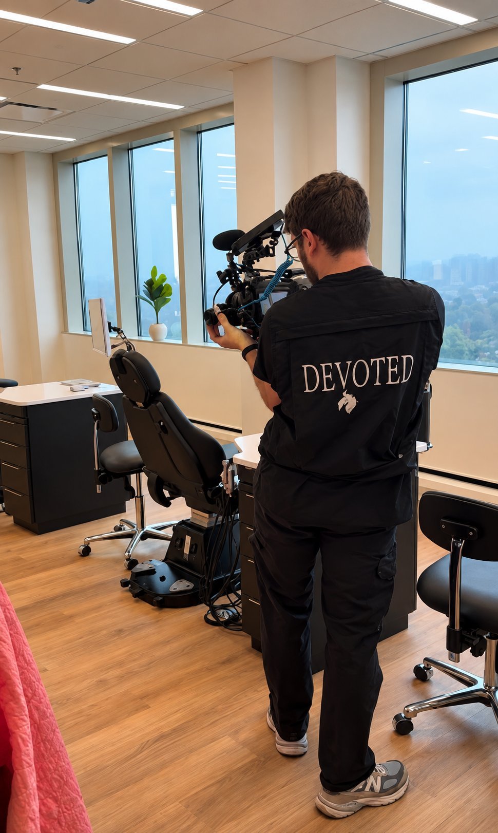 Person wearing black DEVOTED jacket holding professional camera equipment in high-rise office with city skyline view
