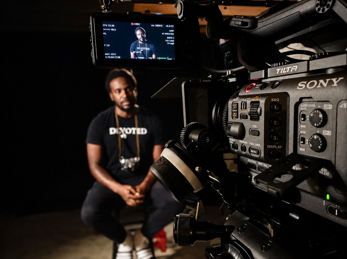 Filmmaker crouching beside a professional Sony video camera with a monitor displaying content in a dark studio