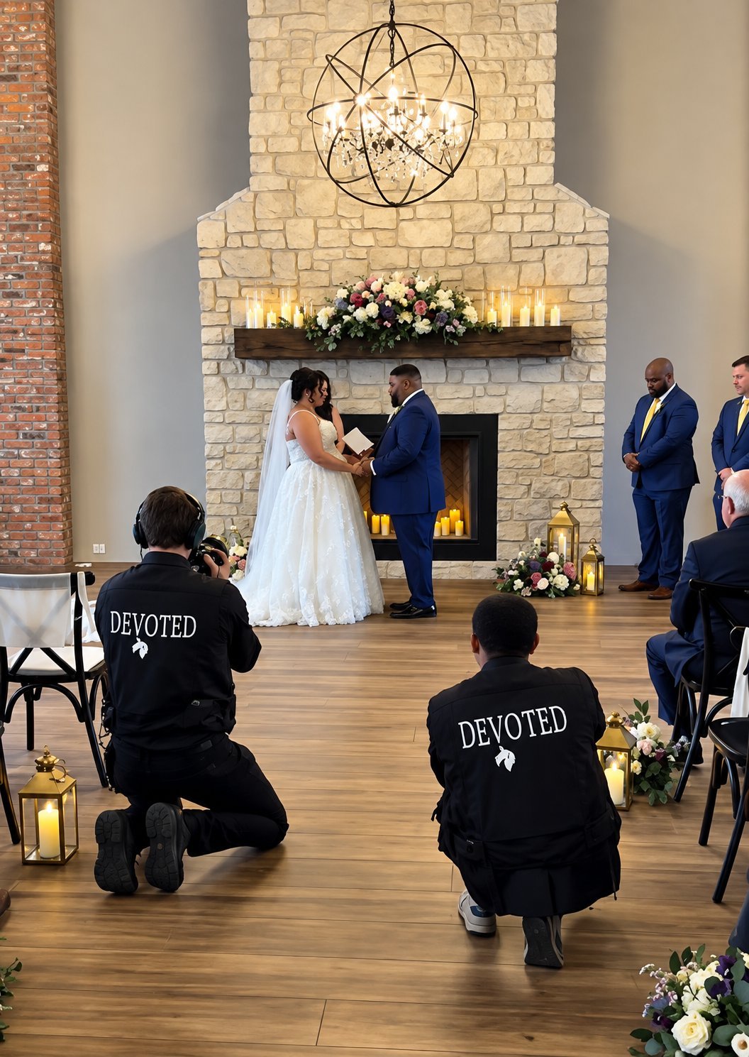 Wedding ceremony with bride and groom exchanging vows at fireplace altar while wedding party in devotion jackets watches